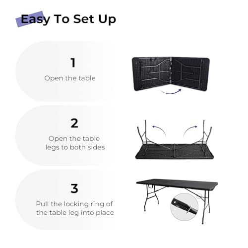 Byliable Folding Table 6ft Portable Heavy Duty Plastic Fold-in-Half 6 Foot Foldable Table Utility Dining Indoor Outdoor with Carrying Handle for Camping Picnic and Party, Black