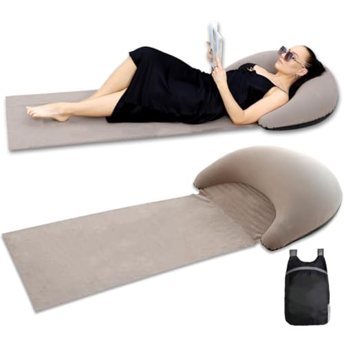 Inflatable Beach Mat Lounge Chair, Outdoor Sunbathing Sleeping Pad with Inflatable Pillow, Portable Flocking Beach Lounge Chair, Suitable for Lawn, Outdoor Camping, Travel, Beach Vacation (Khaki) - color: Khaki