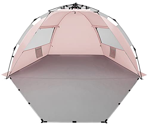 Oileus X-Large 4 Person Beach Tent Sun Shelter - Portable Sun Shade Instant Tent for Beach with Carrying Bag, Stakes, 6 Sand Pockets, Anti UV for Fishing Hiking Camping, Waterproof Windproof, Pink - color: Pink