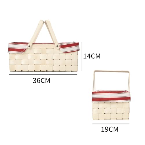 Bamboo Picnic Basket with Handle，Natural Woodchip Basket with Washable Lining for Camping（14X7.5X5.5inches） (Red) - color: Red