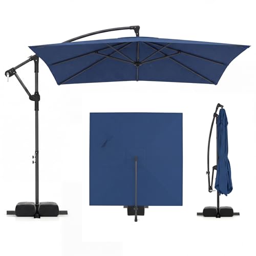 Tangkula 8x8 FT Patio Umbrella with Base Included, Square Offset Cantilever Outdoor Umbrella with 360 Degree Rotation, Crank Handle, Sandbags, 8 Ribs for Pool Deck Garden Backyard - color: Navy, size: 8 FT