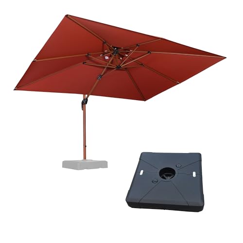 PURPLE LEAF 9' X 12' Double Top Deluxe Wood Pattern Rectangle Patio Umbrella with Base Offset Hanging Umbrella Outdoor Market Umbrella Garden Umbrella, Brick Red - color: Brick Red, size: 9'X12', style: Base Included