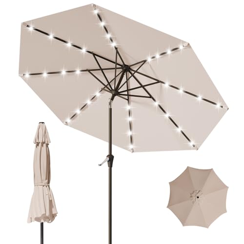 9FT Patio Umbrella with Solar Lights,Outdoor Market Umbrella with Tilt and Crank, LED Lighted Table Umbrella for Garden,Deck,Backyard,Pool,Beach (Beige) - color: Beige