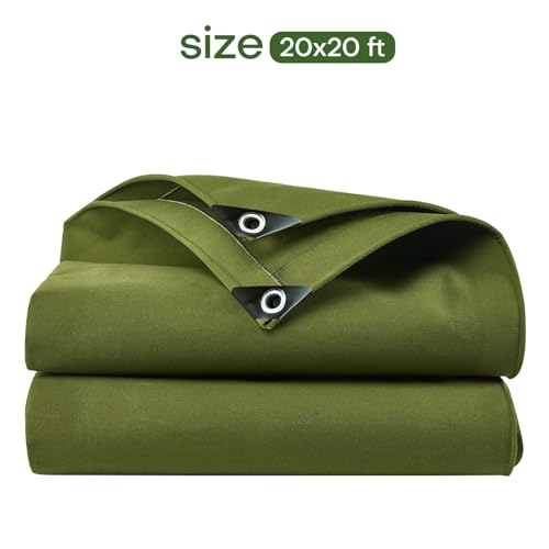 16oz Canvas Tarps Heavy 20 x 20FT Duty Finished Outdoor Multipurpose Tarps UV/Tear/Wear Resistant Tarpaulin Green Tarp Cover for Car Boat Camping Firewood, w/Grommets - size: 20 x 20FT