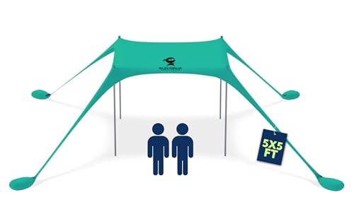 SUN NINJA Beach Tent Sun Shelter UPF50+ - Easy Pop Up Beach Canopy - Outdoor Shade for Camping Trips, Fishing, Backyard Fun Picnics - Sand Shovel, Ground Pegs & Stability Poles - color: Green, size: 5x5 Ft 4 Pole