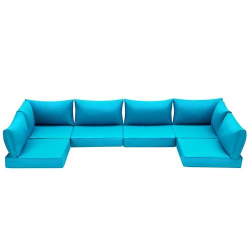 HOMREST Outdoor Replacement Cushions for Patio Furniture,Water-Repellent Sofa Cushion for 6-Seat Rattan Wicker Sectional Patio Conversation Sets,14-Piece Cushions Set for Outdoor Couch（Lake Blue） - color: Sky Blue, size: 6 Seat