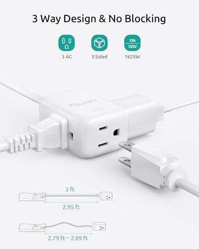 NUTICT Flat Extension Cord with 3 Outlets, 3FT Short Extension Cord Flat Wall Plug & Ultra-Thin Outlet Cover, 900J Surge Protection, 13A/1625W, ETL Listed, White Outlet Extender for Kitchen Bathroom - color: White, size: 3ft(3 Prong Plug), style: for Stan