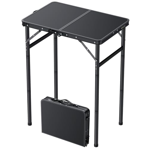JiGiU Folding Camping Table Portable Pinic Table 3 Level Height Adjustable Aluminum Frame Small Foldable Camp Table Light Weight with Carry Handle for Outdoor Indoor Hiking Camp BBQ Beach