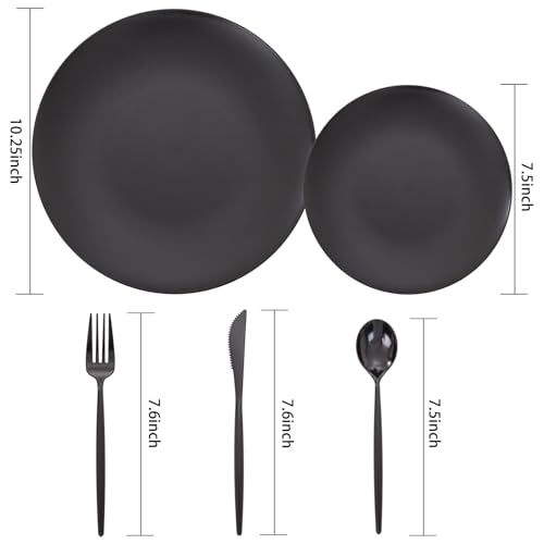EI 150pcs Black Plastic Plates Frosted Plastic Plate,Premium Heavy Duty Black Plastic Plates,Black Disposable Plates with Plastic Silverware,10.25" Dinner Plates and 7.5" Dessert Plate Wedding Party - color: Black Frosted Plastic Plates