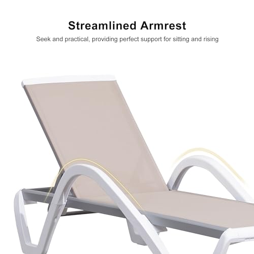 PURPLE LEAF Patio Chaise Lounge Chair with Armrests Outside Aluminum Plastic Stackable Tanning Chairs for Pool Sunbathing Beach Deck Outdoor Lounger, Khaki - color: Khaki, style: 1 chair(w/Arms)