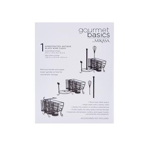 Mikasa Gourmet Basics Avilla Picnic Caddy, Antique Black Finish, Paper Plate Organizer with Flatware Canisters and Paper Towel Spindle, 15 x 14 x 13 in