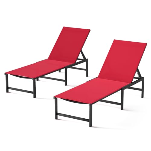 Chaise Lounge Chair Outdoor,Aluminum Patio Lounge Chairs Set of 2,Pool Lounge Chairs with 5 Adjustable Backrest for Outside Beach Lawn and Backyard Red - color: Red, size: 2 Chairs