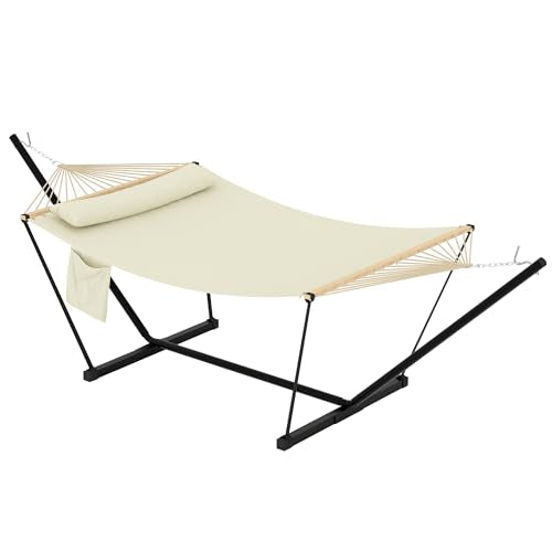 Double Hammock with Stand - Heavy Duty Portable 2 Person Design with Adjustable Steel Stand, Max 450LBS, Ideal for Outdoor Patio, Garden, Beach & Backyard - color: L-beige