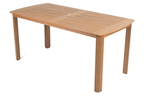 Outdoor Rectangle Dining Table with Rounded Edge, 67" All-Weather HIPS Patio Table for 6, Outdoor Furniture with Umbrella Hole, Ideal for Garden, Poolside, Backyard, Deck, Teak - color: Teak, size: 1 Table
