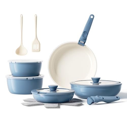 Redchef 16pcs Ceramic Nonstick Pots and Pans Set, Kitchen Cookware Set with Removable Handle, Non Toxic Cookware Set, PFAS PFOA & PTFE Free, RV Ceramic Cookware for Camping, Dishwasher/Oven Safe - size: 16 pcs Blue