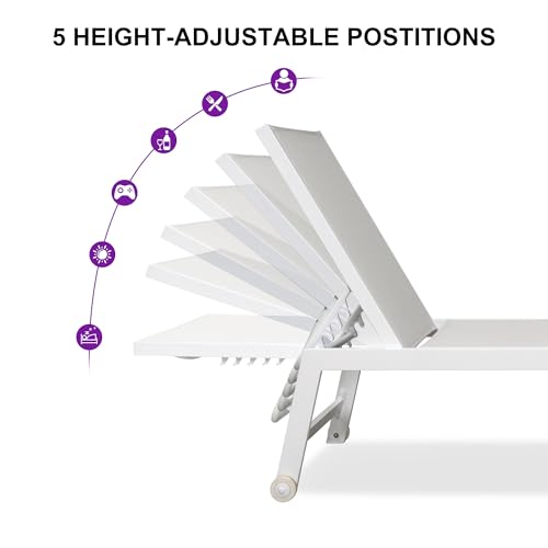 PURPLE LEAF Oversize Chaise Lounge Chair Outdoor 2 Pieces White Aluminum Lounge Chair with Wheels and Table for Pool Deck Patio, Ivory - color: Ivory, style: Oversize Inclining-leg