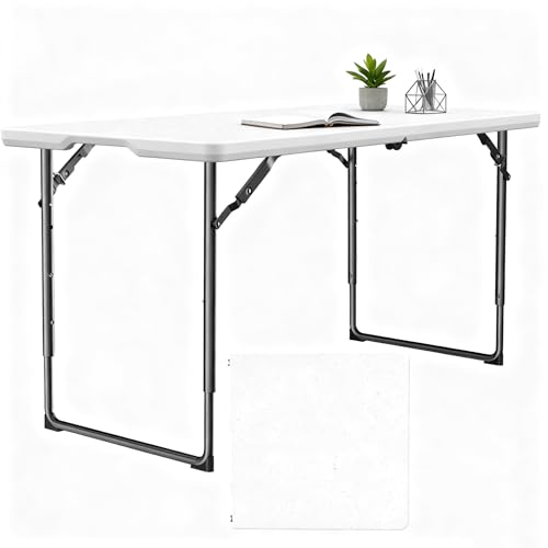 Folding Table 48" x 24" - Heavy Duty Fold-in-Half Plastic Table with Adjustable Height, Portable Utility Tables with Steel Legs for Indoor, Outdoor, Picnic, Camping, Dining, Party (White) - color: White, size: 48in x 24in