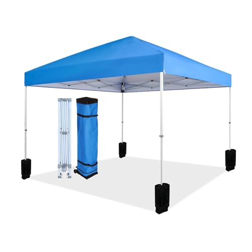 Amazon Basics Outdoor Pop Up 10 x 10 Canopy Tent for Events, Portable with Easy Setup, Sun Shelter for Outdoor Activities, Includes Wheeled Carry Bag, 8 Pegs, 4 Ropes, 4 Weighted Bags, Blue - color: Blue, style: Pop Up