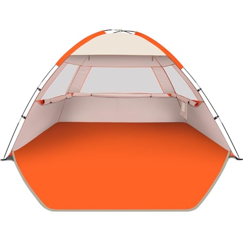 Gorich Beach Tent Sun Shelter for 3/4/6/8/10 Person with UPF 50＋ UV Protection, Lightweight & Easy Setup Beach Shade Canopy, Portable Beach Shade Tent Beach Cabana - color: Orange- Beige, size: 3 Person