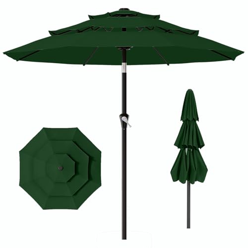 AreShark 9ft 3-Tier Patio Umbrellas, Outdoor Umbrella with 8 Sturdy Ribs UV Protection Windproof, Market Table Umbrella w/Push Button Tilt & Crank for Pool, Porch, Deck, Garden(Dark Green) - color: Dark Green