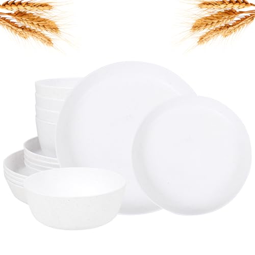 EI 12pcs White Wheat Straw Plates,Wheat Straw Dinnerware Set,Plates and Bowls Sets,Unbreakable Plastic Plate,Plastic Plates Reusable,Dinner Plates Set of 4,Plastic Dishes Set - color: White Wheat Straw Plates and Bowls