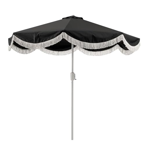 Tempera 9ft Auto Tilt Scalloped Patio Umbrellas with Fringe, Outdoor Table Umbrellas with Fade Resistant Canopy, 8 Sturdy Rids, Luxurious Vintage Umbrellas for Lawn, Pool, Deck, Balcony - color: Carbon Black, size: 9 FT