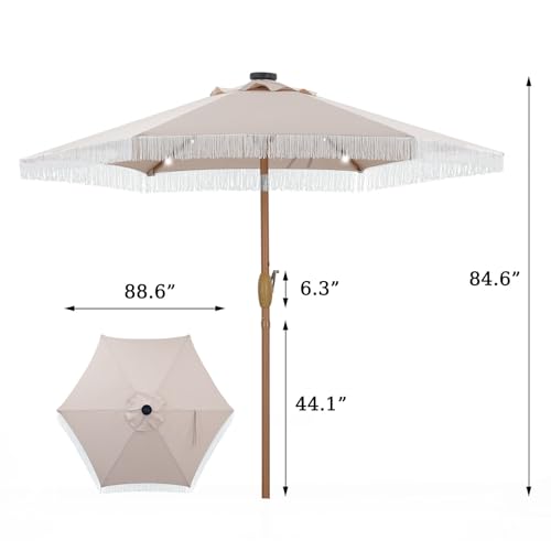 GDY 7.5 ft Fringe Patio Umbrella with 18 LED Solar Lights ，Stylish Fringe Decor for Graden, Pool, Beach, Deck, Khaki - color: Camel+18 Lights, size: Umbrella Only