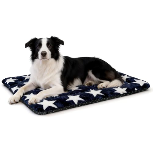 Washable Dog Bed Mat With Anti-Slip Bottom, Deluxe Plush Memory Foam Crate Pad & Waterproof Outdoor Kennel Mat For Dogs & Cats-Durable Crates Beds, Large Medium Small Puppy Size 30" x 20",Blue - color: Blue-Star, size: Upgraded M（30" L x 20" W x 1.5" Th）