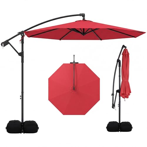 Tangkula 10ft Patio Umbrella with Base Included, Offset Cantilever Outdoor Umbrella with 360 Degree Rotation, Crank Handle, Sun-Protective Canopy for Pool Deck Garden Backyard (Red) - color: Red, size: 10 FT