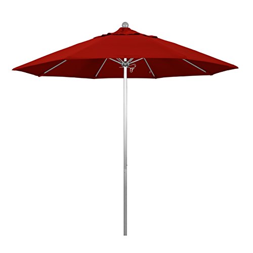 California Umbrella 9' Round Aluminum/Fiberglass Umbrella, Push Open, Silver Pole, Olefin Red Fabric - color: Red