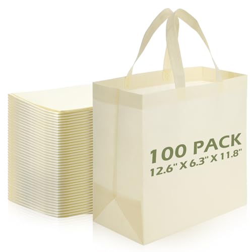 Reginary 100 PCS Reusable Totes Bags - Non Woven Grocery Handle Bags for Shop Events & Retail Store (Beige) - color: Beige