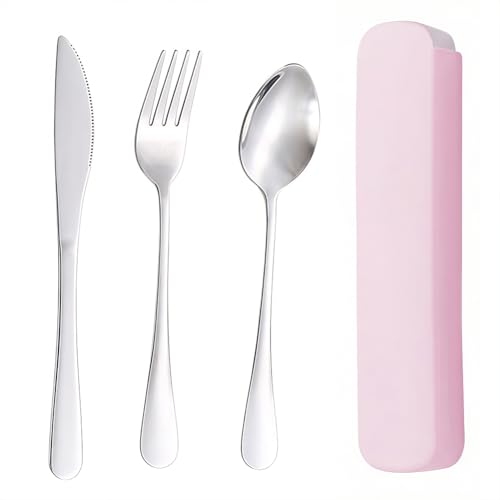 Portable Utensils Set,3-Piece Reusable Silverware,Travel Utensils with Case for Lunch Camping Picnic(Pink) - color: Pink