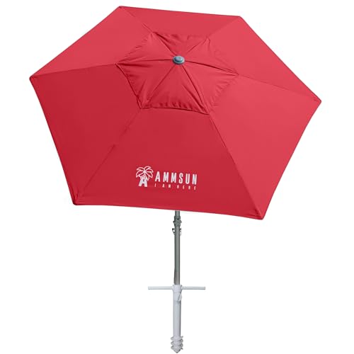 AMMSUN 8ft Large Beach Umbrellas for Sand Heavy Huty Wind Portable Commercial Grade Patio Beach Umbrella with Sand Anchor Adjustable Height Air Vent UPF 50+ Telescoping Pole without tilt Red - color: Red