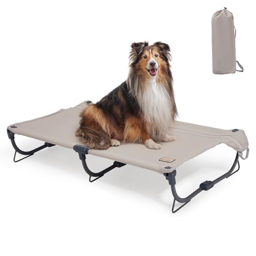 CANINE CANYON Daisy Cot, Medium Foldable Elevated Dog Bed, Portable Raised Outdoor Folding Dog Cot, Cooling, Chew Proof, Waterproof, Heavy Duty Up to 160 lbs for Camping/Home, Brown, 32"x 19"x6" - color: Brown, size: Medium