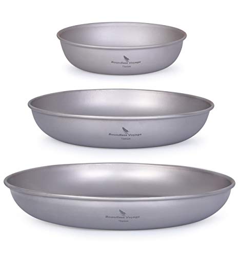 iBasingo 3 Pieces Titanium Plates Set Camping Metal Durable Cooking Pan Dishes Plates Saucer Ultra-light for Outdoor Camping Tableware Cookware Mess Kit with Carry Mesh Bag Ti1104T - color: 3PCS SET-Ti1104T