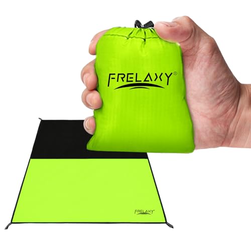 Frelaxy Pocket Picnic Blanket, Waterproof Sandproof Beach Mat, Compact Camping Tarp for Festivals, Hiking, Travel, Outdoor Recreation (Neon Green & Black, 28'' x 47'') - color: Neon Green & Black, size: 28'' X 47''