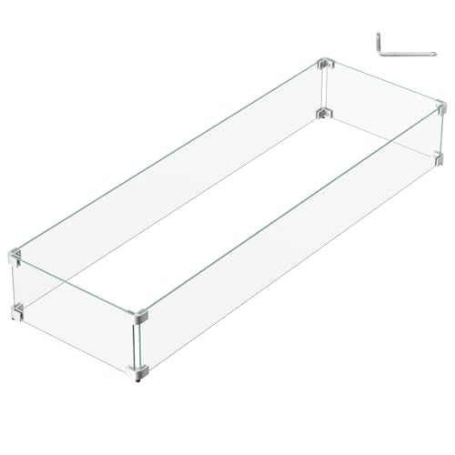 41.5 x 13.5 x 6 Inch Glass Wind Guard for Propane Gas Fire Pit Table, Rectangular Thick Tempered Glass Shield, Firepit Glass Barrier with Aluminum Corner Bracket & Rubber Feet - size: 41.5" x 13.5" x 6"