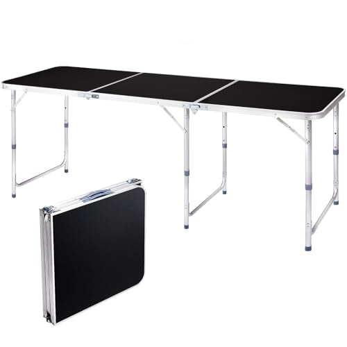 6.0 Ft Folding Portable Camping Table with Three Adjustable Heights, Tri-fold Outdoor Table, Outdoor Camping Kitchen, BBQ, Picnic, Cooking, Beach, Garden, Party, Black - color: Black, size: 6 FT