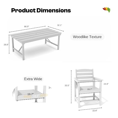 Outdoor HDPE Dining Set 7 Pieces, Patio Table with Umbrella Hole and 6 Chairs, All Weather Patio Furniture for Lawn, Garden, Backyard, Deck, Poolside, Heavy Duty Outdoor Dining Table and Chairs, White - color: White, size: 7-Piece (1 Table + 6 Chairs)