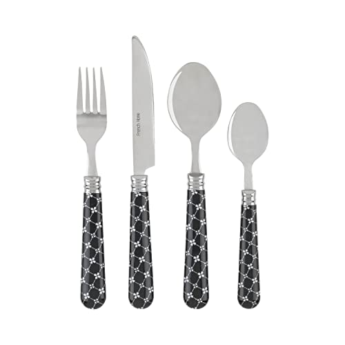 French Home Bistro 16-Piece Stainless Steel Flatware Set — Dinner Cutlery Set With Abstract Butterfly Design — Silverware Set Dishwasher Safe — Spoon & Fork And Knife Set — Modern Silverware Set For 4 - color: Black/White