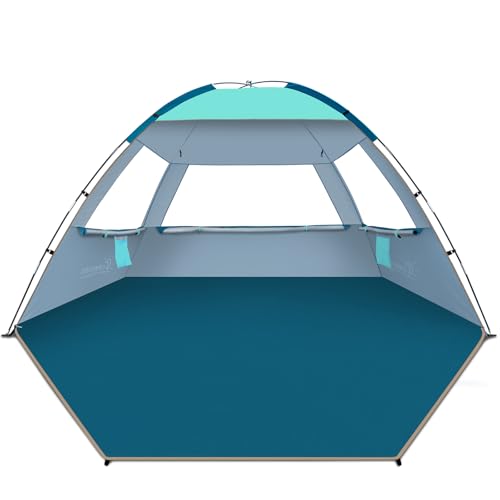 COMMOUDS Beach Tent Sun Shade for 3/4/6/8 Person, UPF 50+ Beach Sun Shelter Canopy Tent, Lightweight, Easy Set Up and Carry - color: Turquoise, size: 4 Person