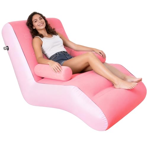 Inflatable Indoor Living Room Chair Lounge with Handrails, Inflatable Foldable Deck Chair with Air Pump, Outdoor Travel Camping Picnic Beach Chaise Lounges(Pink) - color: Pink