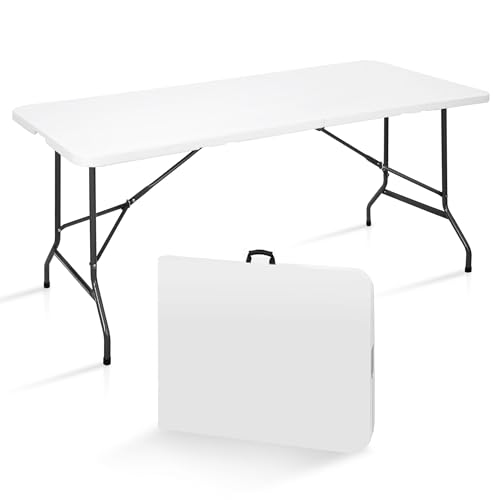 SUPER DEAL 6FT Folding Table for Indoor Outdoor, Portable Heavy Duty Fold-in-Half Plastic Dining Picnic Party Camping Table with Carrying Handle - color: White, size: 71"x27", style: Rectangular