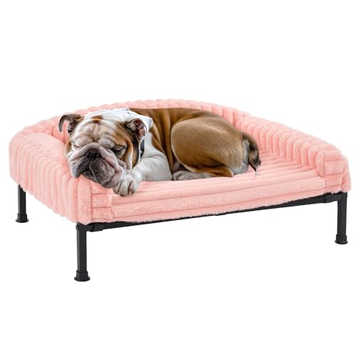 Veehoo Elevated Dog Bed with Bolster Cushion, Fluffy Plush Dog Couch Beds for Small Dogs, Cats, Washable Raised Pet Cot with Non-Slip Feet for Indoor or Patios Use, 36 x 28 Inches, Pink - color: Pink, size: 36.0"L x 28.0"W x 8.3"Th