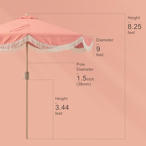 Tempera 9ft Auto Tilt Melon Red Scalloped Patio Umbrellas with Fringe, Outdoor Table Umbrellas with Fade Resistant Canopy,8 Sturdy Rids,Luxurious Vintage Umbrellas for Lawn,Pool,Balcony - color: Coral Red Tassels, size: 9 FT