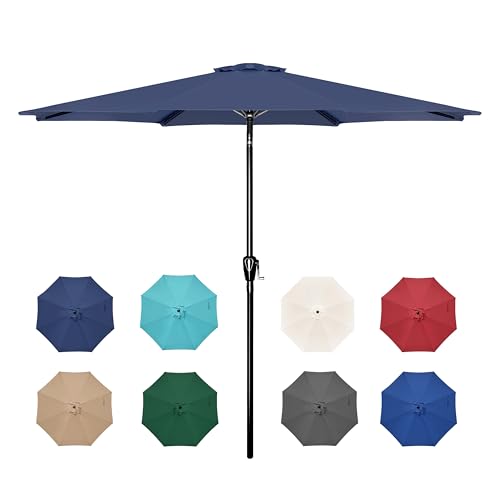 HealSmart 9ft Patio Umbrella with Push Button Tilt/Crank, Outdoor Table Market Yard Umbrella with 8 Sturdy Ribs for Garden, Backyard, Deck, Pool, Dark Blue - color: Dark Blue, size: 9FT