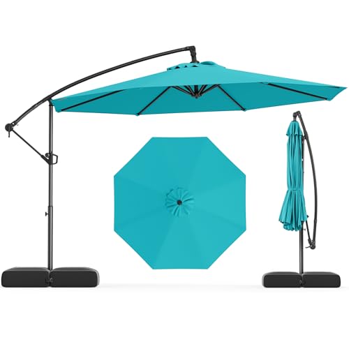 Tangkula 10ft Patio Umbrella with Base Included, Offset Cantilever Outdoor Umbrella with Infinite Tilt, 360 Degree Rotation, Crank Handle, Sun-Protective Canopy for Pool Deck Garden Backyard (Turquoise) - color: Turquoise, size: 10 FT