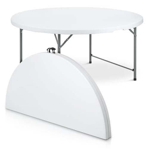 Magshion 60" Round Folding Table, 5 Feet Bi-Folding Plastic Commercial Dining Card Table w/Carrying Handle for Outdoor Wedding Party Event Picnic, White - color: White, size: 5.5Ft