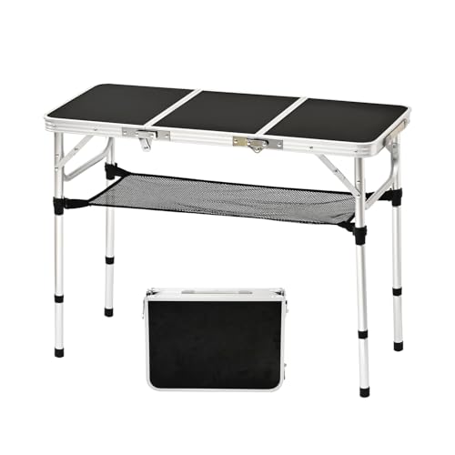 YihuiKo 3 ft Folding Table, Camping Table with Storage Net, Lightweight Portable Aluminum Foldable Table with Adjustable Height Max 27.5 Inch Outdoor Table for Picnic Travel, Black - size: 35"L x 16"W x 27"H