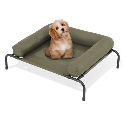 MoNiBloom Outdoor Elevated Dog Bed w/Removable Bolster, Portable Raised Outdoor Dog Bed with Stable Anti-Slip Feet & Breathable Mesh, 35.5 Inches Length, Dark Green - color: Dark Green, size: 35.5"L